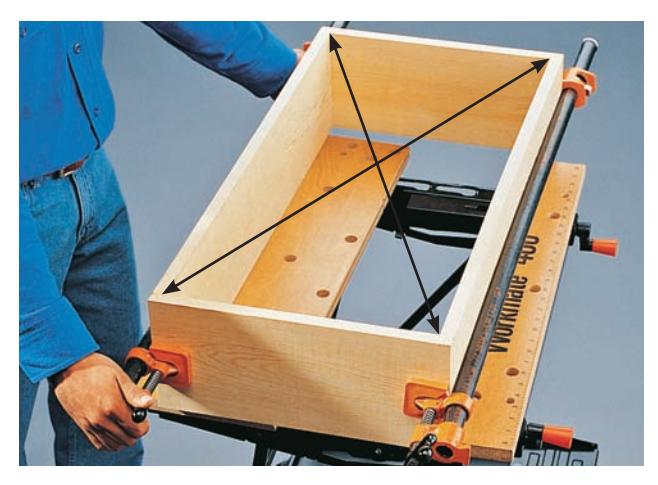 Clamp frame parts together. Then, measure the diagonals to check for square before fastening.