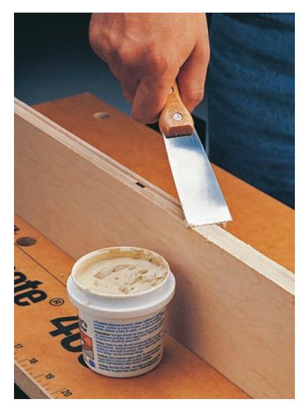 Fill holes and wood defects with plain or tinted wood putty.