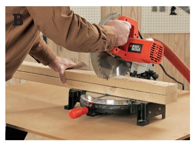 Man cutting post lengths from sandwiched 2x4s