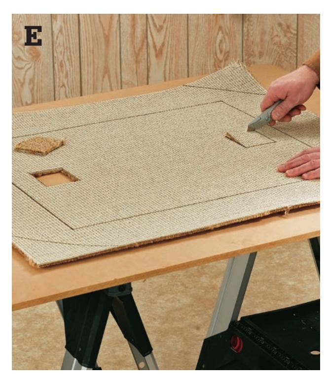 Cutting carpet scraps to fit the base, outlining and cutting post holes