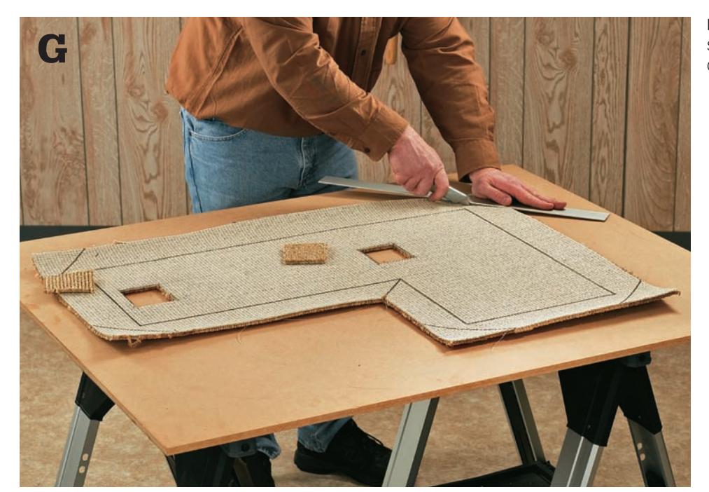 Making relief cuts at carpet corners to wrap onto a platform