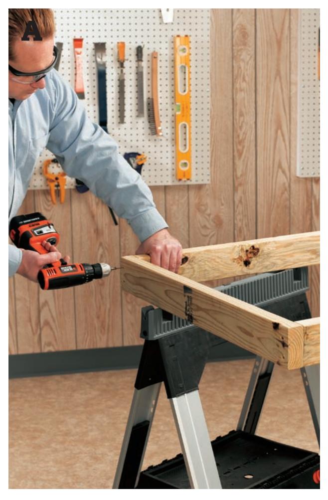 Driving deck screws through a header into an outside joist to complete a floor frame