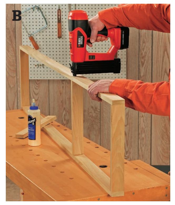 Nail one of the intermediate rails between the end rails, which should already be attached. The frame should be standing on edge on the workbench.
