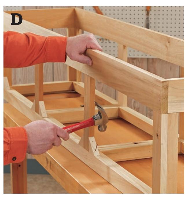 Nail a triangular block into all corners of each frame bay and assemble it upside down on your work surface.