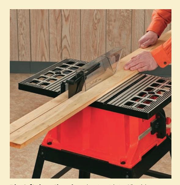 Photo showing 1x6 poplar being ripped into strips on a table saw.