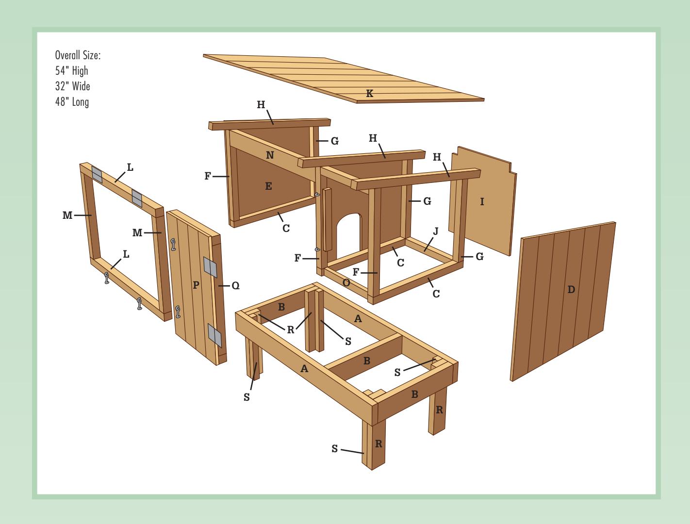 Diagram of the rabbit hutch showing materials and cutting dimensions.