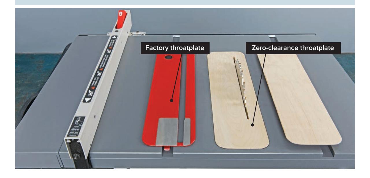 Diagram of a zero-clearance throat plate with blade path.