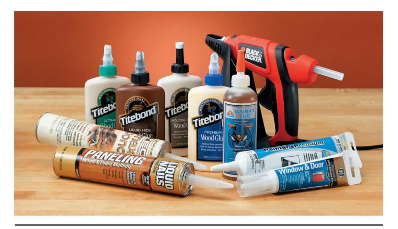 Assortment of glues and adhesives for home carpentry