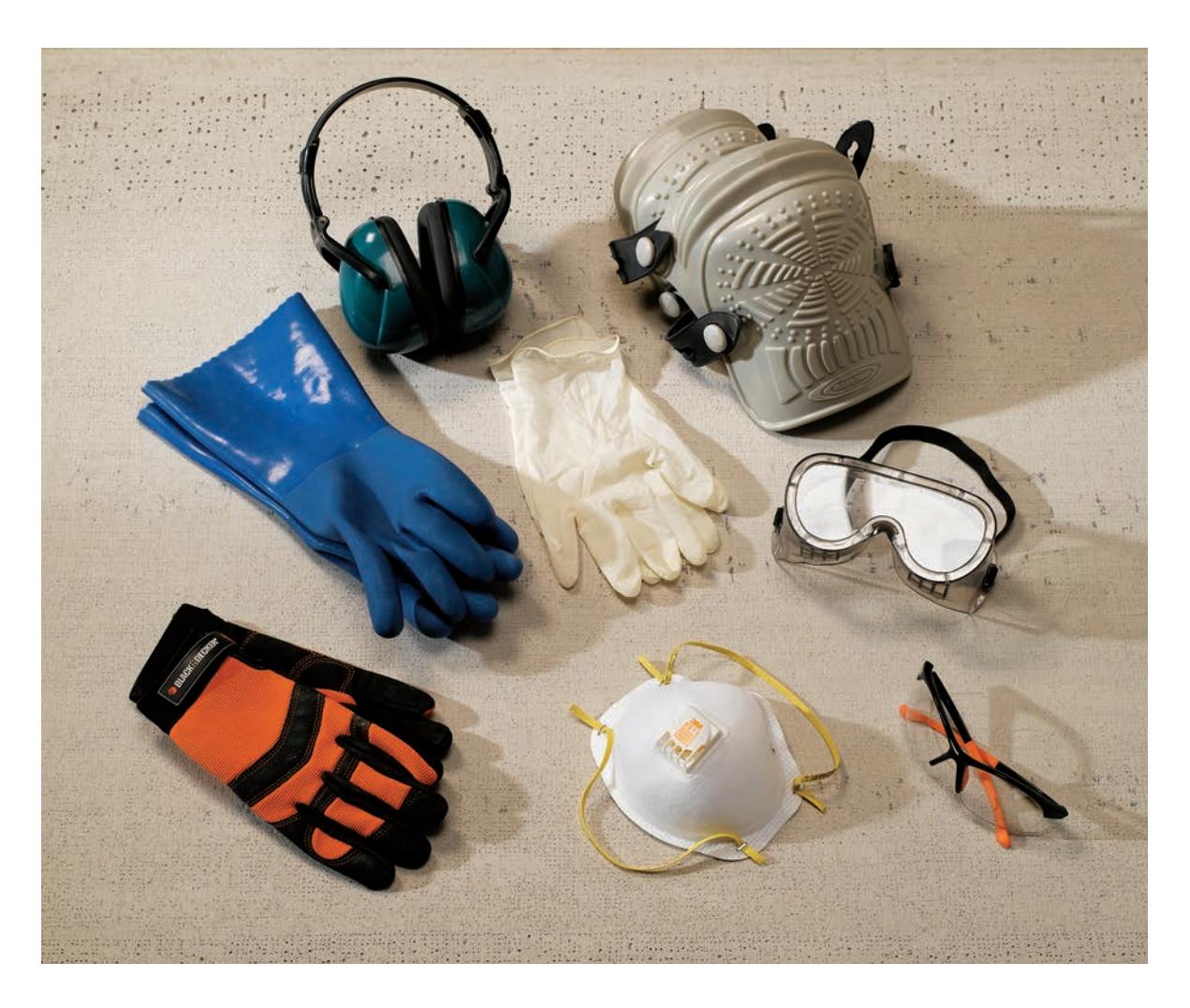 Image showing various types of safety gear, such as gloves, safety glasses, and ear protection.