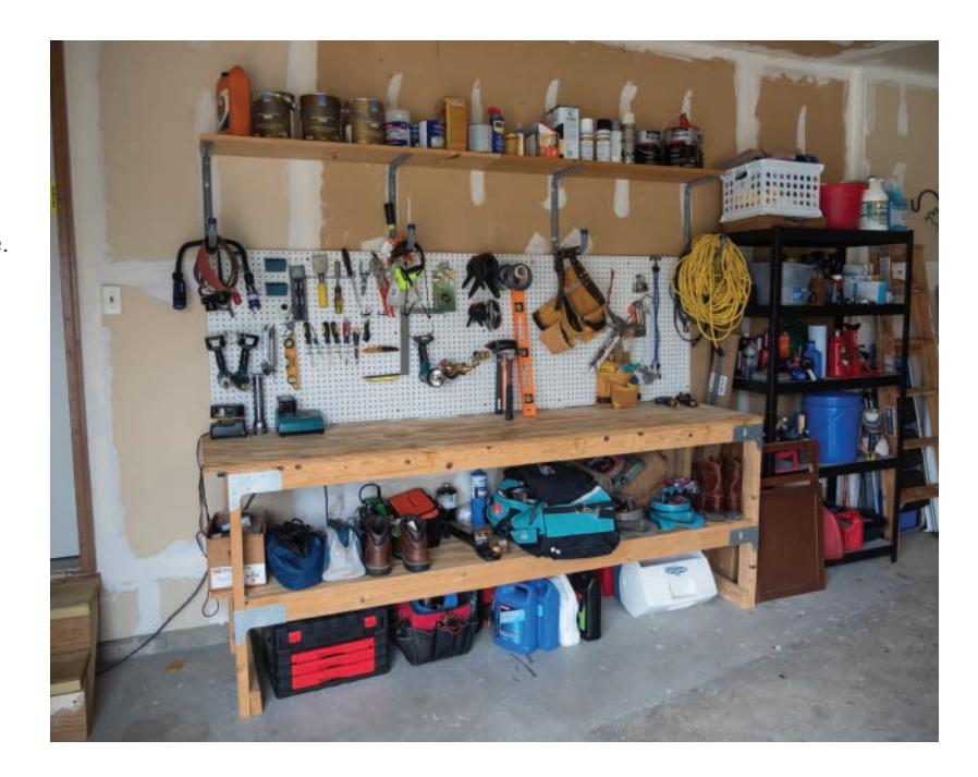Narrow workbench along a garage wall