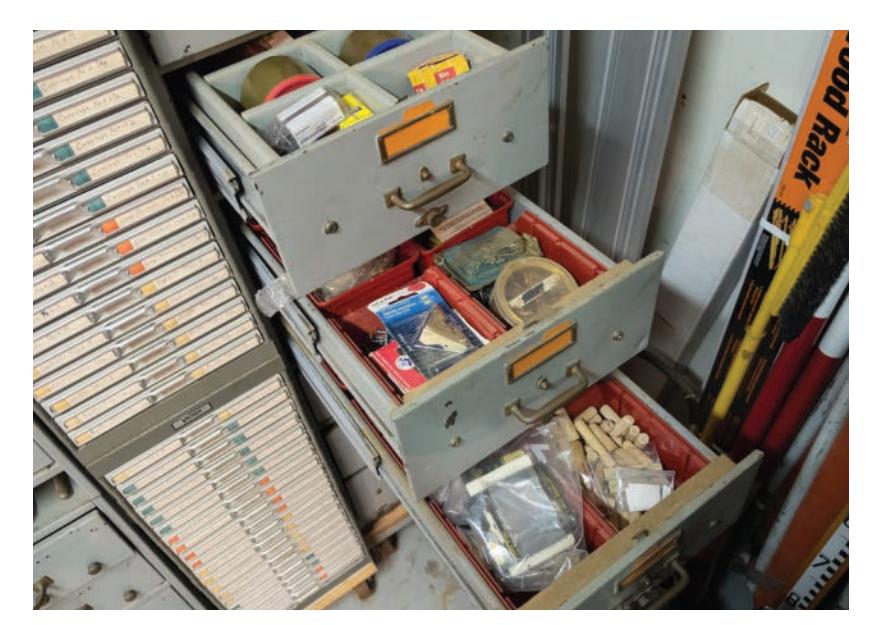 Repurposed file cabinets for shop storage