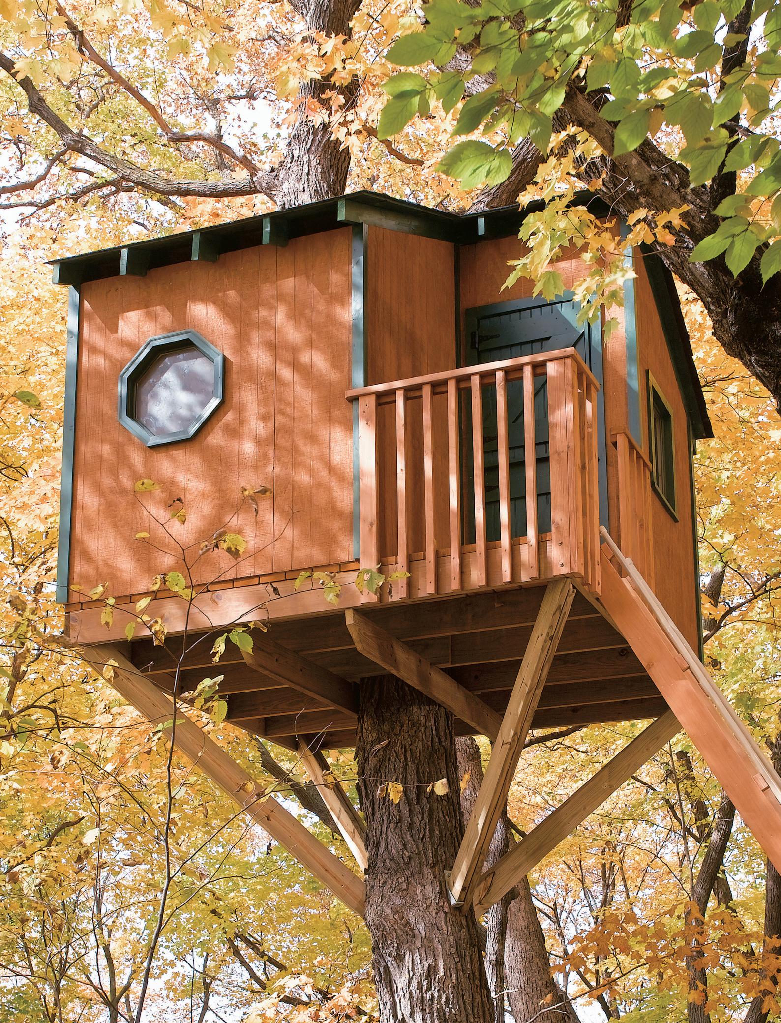 Kids playing in a treehouse.