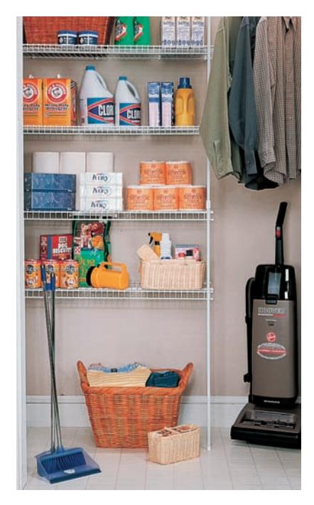 Broom closet with simple coated wire shelving