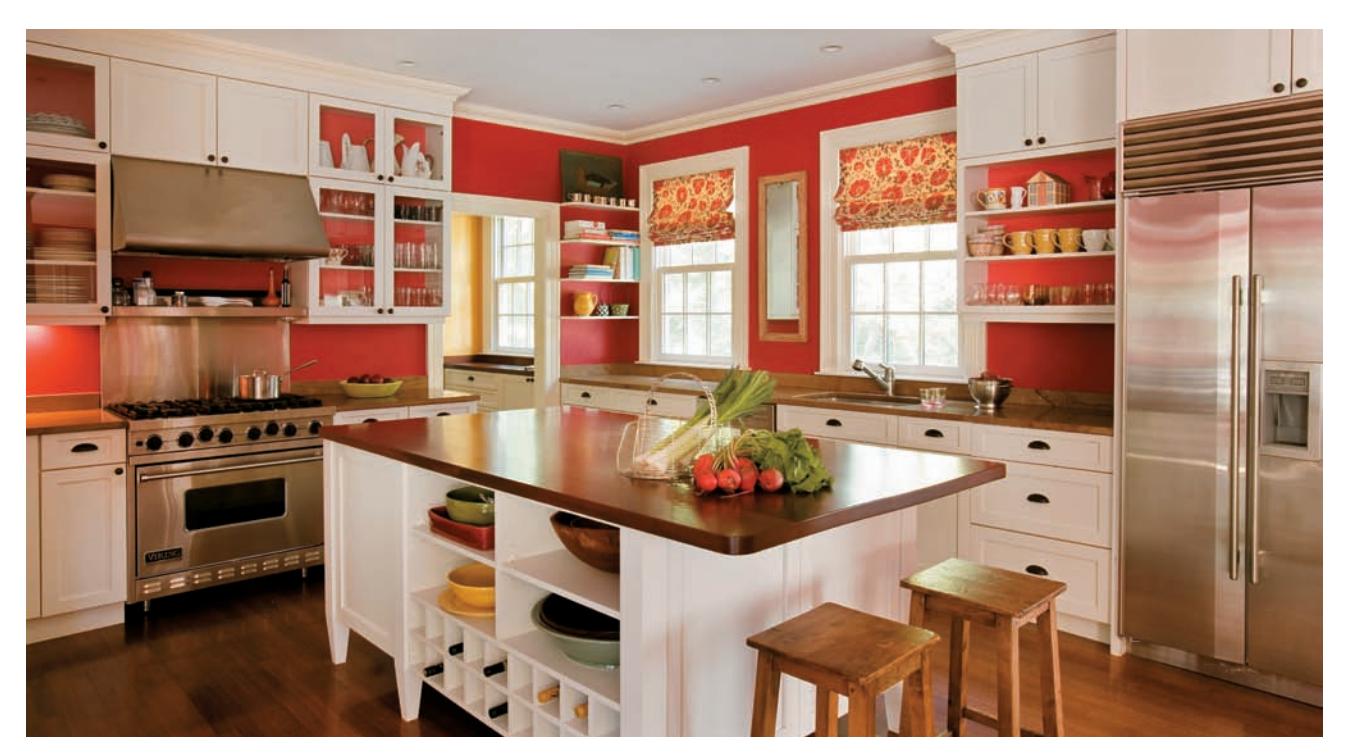 Kitchen with open shelving in wall cabinet banks