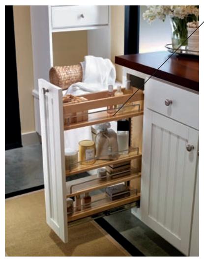 Close-up of slide-out shelving in a bathroom cabinet