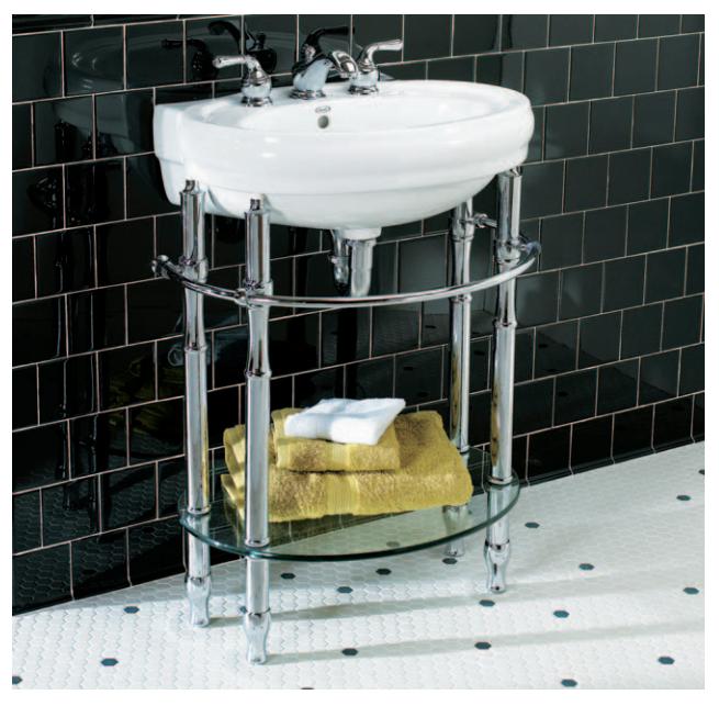 Console sink with an integrated shelf for storage.