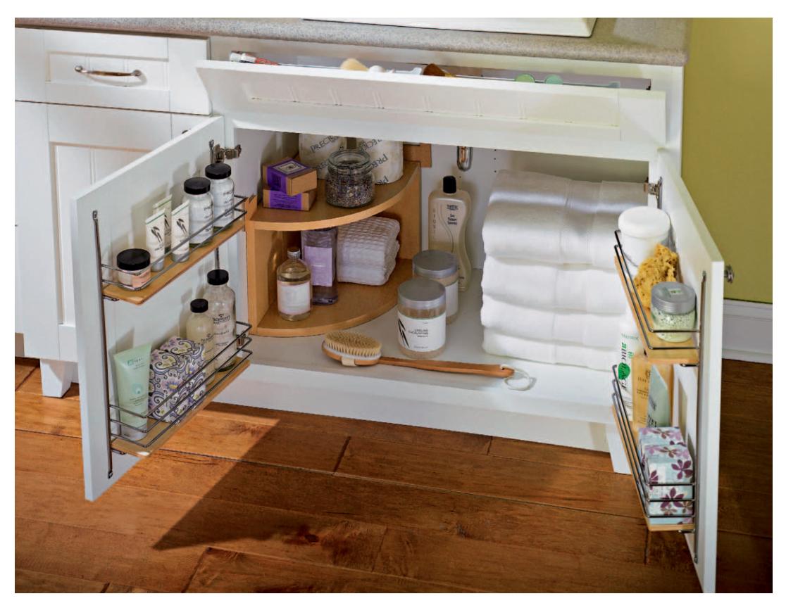 Organized undersink area with corner shelf and door-back racks.