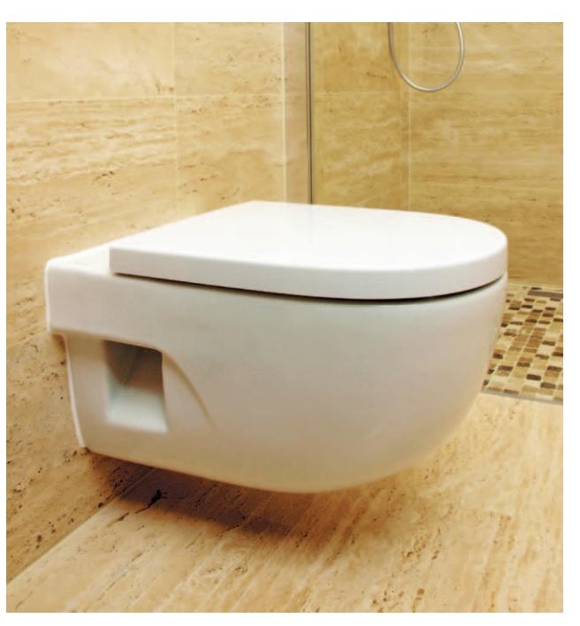 A wall-mounted toilet, saving floor space.
