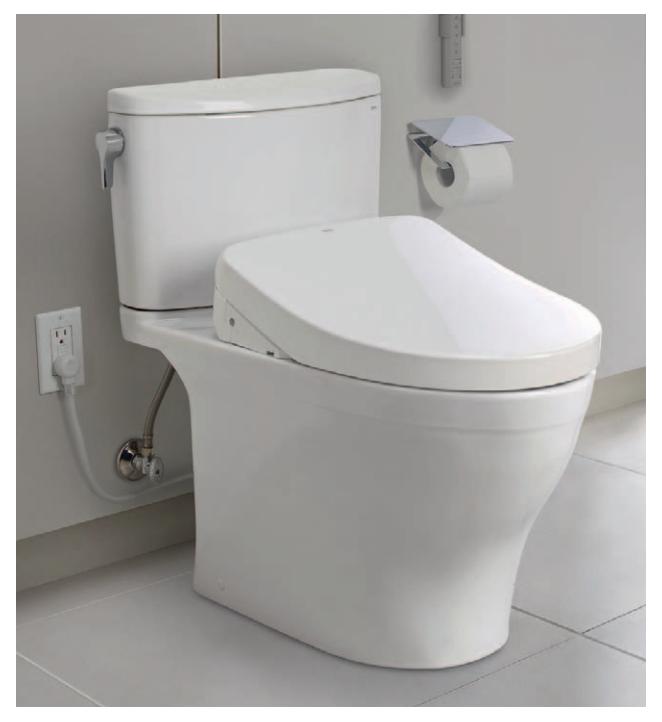 A bidet toilet with integrated bidet functions.