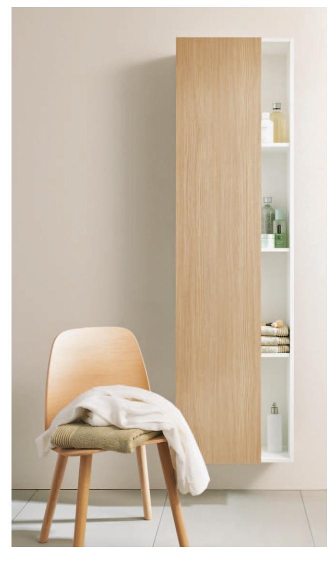 A tall, thin cabinet with open shelving and enclosed storage.