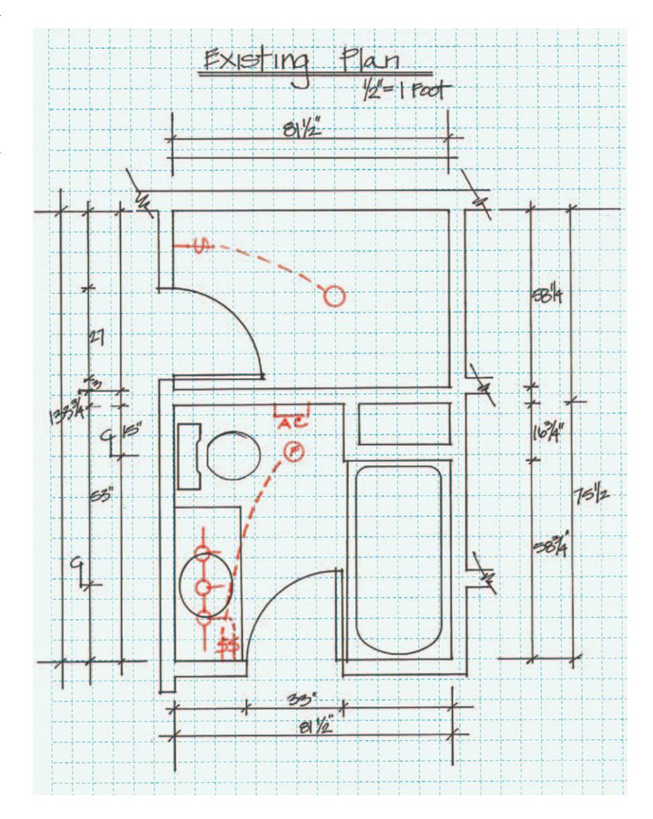 Example of a scale drawing for a bathroom floor plan, including adjacent space for expansion.
