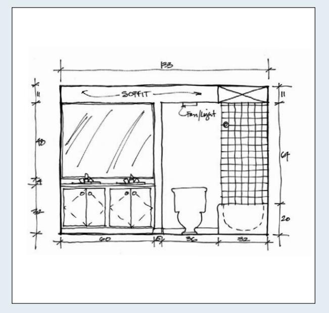 Bathroom elevation option B, showing a custom mirror, partition wall, and recessed lights in a soffit.