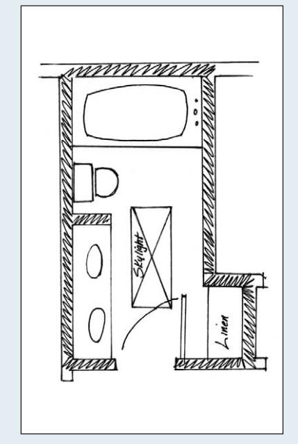New bathroom floor plan sample, Option C, showing room expanded by annexing an adjacent closet.