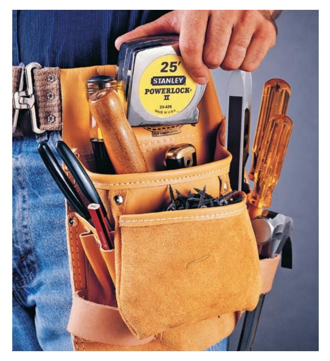 Various tool belts and pouches, showing different configurations.