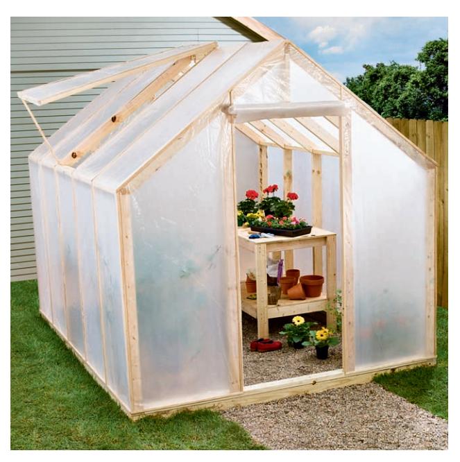 A pine frame with plastic glazing. This is a good option for a lightweight and inexpensive greenhouse that will be used for two or three seasons.
