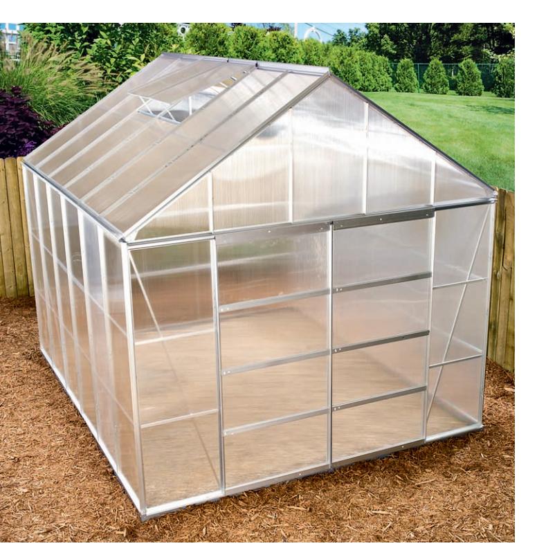 This simple kit greenhouse includes a basic aluminum frame with durable polycarbonate glazing.