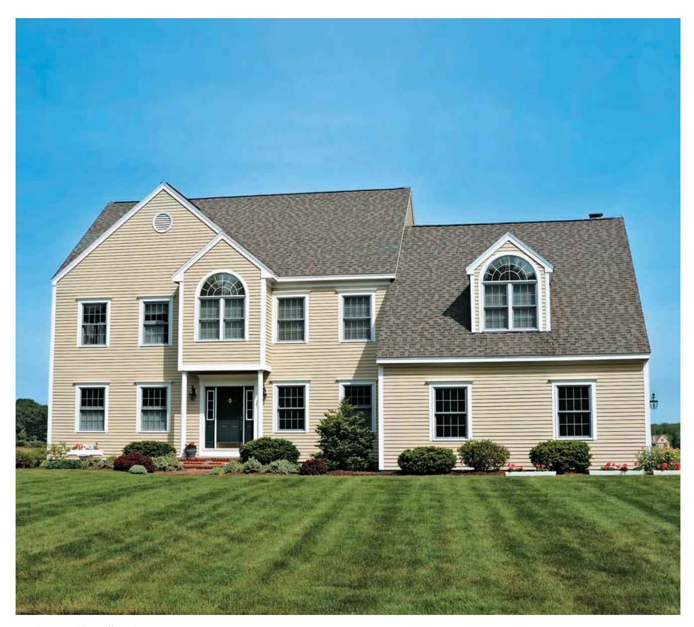 Newly landscaped home with basic shrubbery, mulch, and a large lawn.