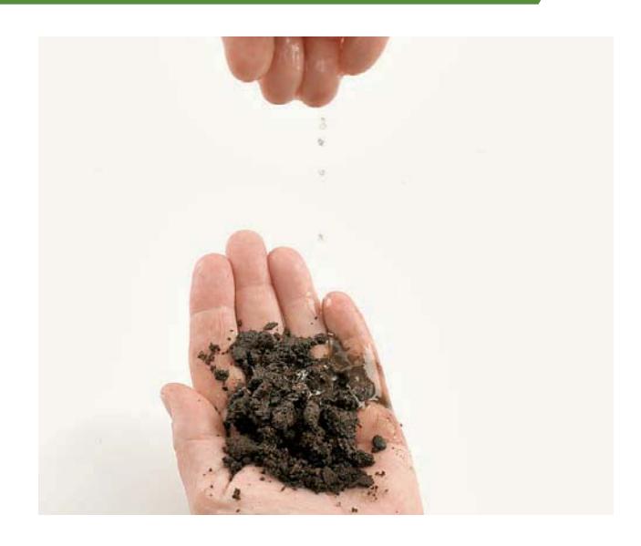 A hand dampening a handful of soil with water