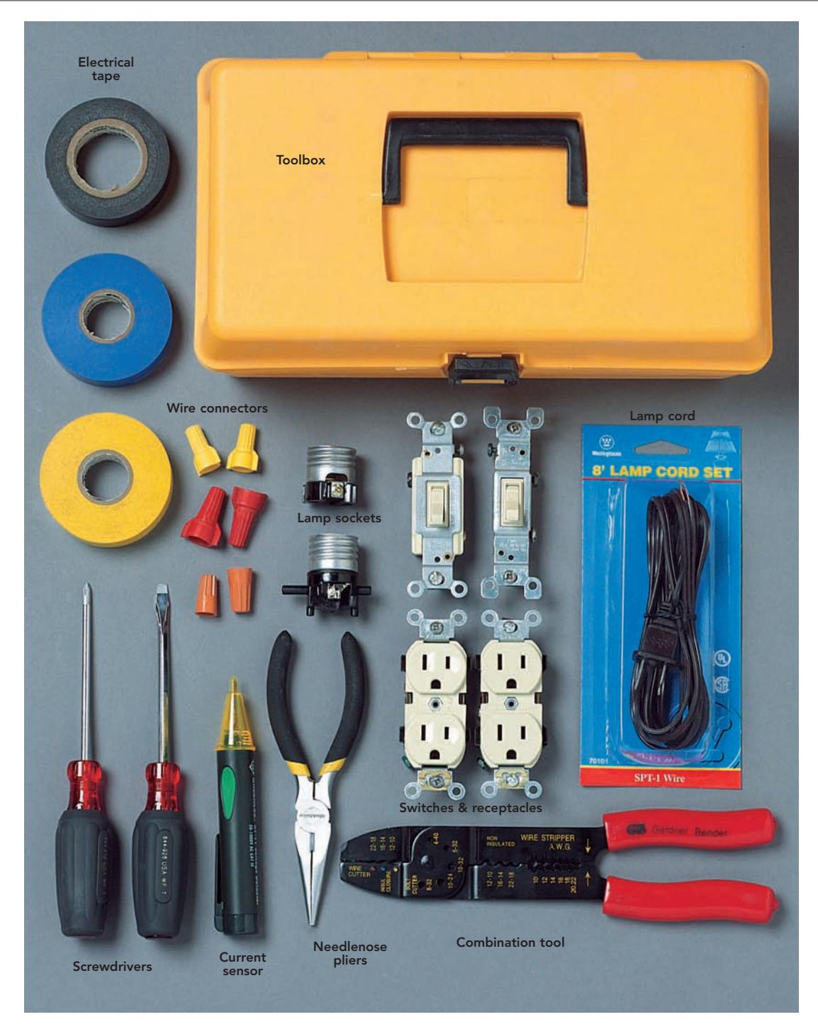 A collection of essential tools for electrical wiring projects, including screwdrivers, pliers, wire strippers, and a voltage tester.